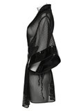 Black Mesh Kimono with Glossy Waist Corset for Women