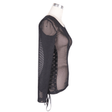 Gothic-Damen-Oberteil aus schwarzem Mesh mit langen Ärmeln / transparente Damenoberteile mit Schnürung an den Seiten