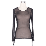 Black Mesh Long Sleeve Top / Women's Lace-up Side Tops