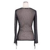 Black Mesh Long Sleeve Top / Women's Lace-up Side Tops