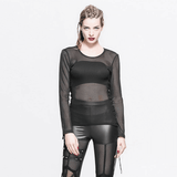 Black Mesh Long Sleeve Top / Women's Lace-up Side Tops