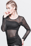 Black Mesh Long Sleeve Top / Women's Lace-up Side Tops