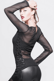 Black Mesh Long Sleeve Top / Women's Lace-up Side Tops