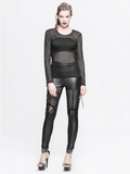 Black Mesh Long Sleeve Top / Women's Lace-up Side Tops