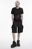 Black Mesh Punk T-shirt with Tattered Shoulder Lacing