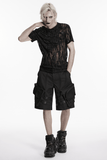Black Mesh Punk T-shirt with Tattered Shoulder Lacing