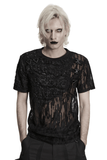 Black Mesh Punk T-shirt with Tattered Shoulder Lacing