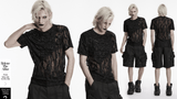 Black Mesh Punk T-shirt with Tattered Shoulder Lacing