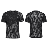 Black Mesh Punk T-shirt with Tattered Shoulder Lacing