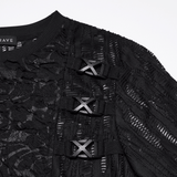Black Mesh Punk T-shirt with Tattered Shoulder Lacing