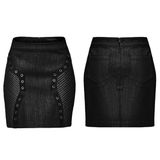 Black Mini Skirt with Glossy Leather Panels and Metal Eyelets