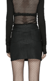 Black Mini Skirt with Glossy Leather Panels and Metal Eyelets