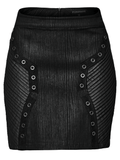 Black Mini Skirt with Glossy Leather Panels and Metal Eyelets