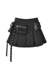 Black Pleated Mini Skirt with Buckle and Side Zipper