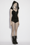 Black Punk Denim Vest with Hood and Frayed Edge