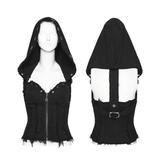 Black Punk Denim Vest with Hood and Frayed Edge