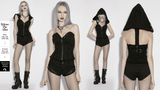 Black Punk Denim Vest with Hood and Frayed Edge