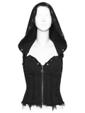 Black Punk Denim Vest with Hood and Frayed Edge