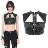 Black Punk Faux Leather Crop Top with Studs and Front Zip