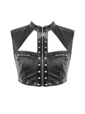 Black Punk Faux Leather Crop Top with Studs and Front Zip