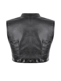 Black Punk Faux Leather Crop Top with Studs and Front Zip