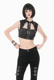 Black Punk Faux Leather Crop Top with Studs and Front Zip