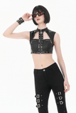 Black Punk Faux Leather Crop Top with Studs and Front Zip