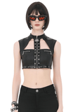 Black Punk Faux Leather Crop Top with Studs and Front Zip