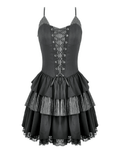 Black Punk Pinstripe Mini Dress with Corset Lace-Up Front