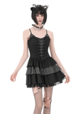 Black Punk Pinstripe Mini Dress with Corset Lace-Up Front