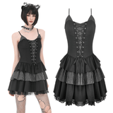 Black Punk Pinstripe Mini Dress with Corset Lace-Up Front
