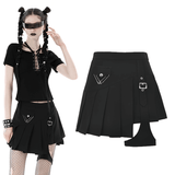 Black Punk Skirt with Asymmetrical Pleats and Safety Pins