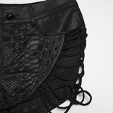 Black Viper-Print Punk Low Waist Lace-Up Shorts