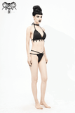 Schwarzer Damen-Bikini mit Halsband / Badeanzug-Set mit Gothic-Spitzenapplikation