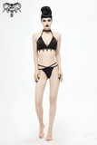 Bikini noir pour femme avec tour de cou / ensemble de maillot de bain appliqué en dentelle gothique