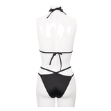 Schwarzer Damen-Bikini mit Halsband / Badeanzug-Set mit Gothic-Spitzenapplikation
