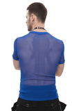 Blaues O-Ausschnitt-Mesh-T-Shirt für Herren / Punk-Kurzarm-Transparent-T-Shirt / Alternative Mode
