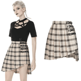 Bold Buckles Elevate Edgy Plaid Asymmetrical Skirt