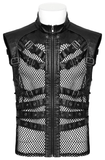 Bold Zippered Black Leather Punk Vest with Mesh Back