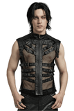 Bold Zippered Black Leather Punk Vest with Mesh Back