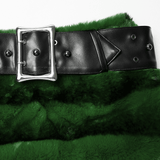 Chic Black-Green Faux Fur Mini Skirt with Belt Detailing