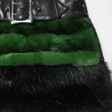 Chic Black-Green Faux Fur Mini Skirt with Belt Detailing