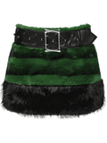 Chic Black-Green Faux Fur Mini Skirt with Belt Detailing