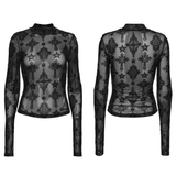Chic Gothic Mesh Top with Cross Patterned Flocking