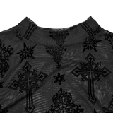 Chic Gothic Mesh Top with Cross Patterned Flocking