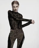 Chic Gothic Mesh Top with Cross Patterned Flocking