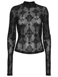 Chic Gothic Mesh Top with Cross Patterned Flocking
