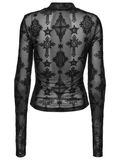 Chic Gothic Mesh Top with Cross Patterned Flocking