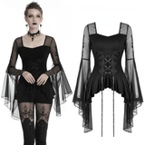 Chic gothic lace-up top with sheer long sleeves and ruffled hem, perfect for a dark, elegant look.