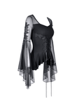 Chic dark lace-up top with sheer long sleeves and ruffled hem, perfect for a gothic-inspired look.